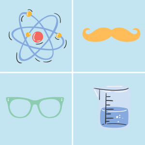 Cartoon image of particles, mustache, glasses, beaker