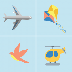 Cartoon image of airplane, kite, bird, helicopter