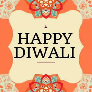 orange background with mandala designs that says "Happy Diwali"