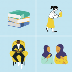 Cartoon images of books, women reading, man reading, women talking