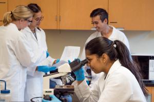 Brown-skinned female scientist observing samples under a microscope