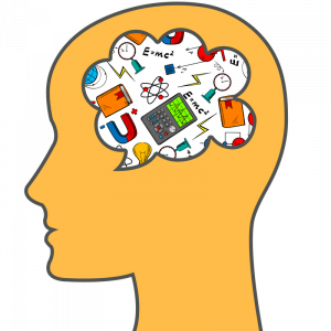 Image of head with science related objects floating in a thought bubble inside
