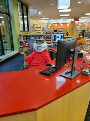 Thorndyke the Bear in a Mask on the Childrens Reference Desk