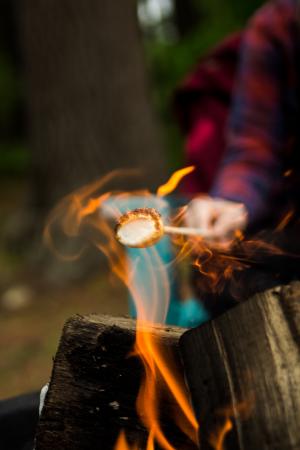 Person's hand cooking marshmallow over campfire