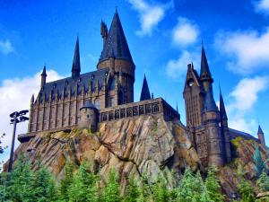 View of Hogwarts school; a large castle on a mountain top