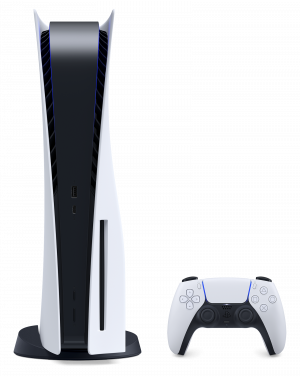 Playstation 5 system and controller. Both have a white body with black accents. 