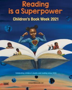 Childrens Book Week Poster by Bryan Collier with Black girl flexing on a book