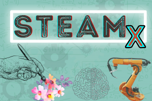 STEAMx logo with robot arm, illustrated hand painting flowers, and brain half made of circuits 
