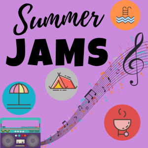 Summer Jams, boombox playing music, logos of camping, BBQ, and pool