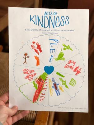 Kindness Pie Chart filled in with various kind words and deeds