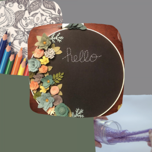 Image with mandala coloring and pencils, and handmade embroidery wreath, and slime in a jar